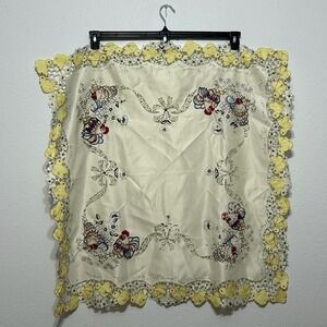 Vintage Hand Embroidered Tablecloth Chicks Border Chickens Roosters Flowers Farm
